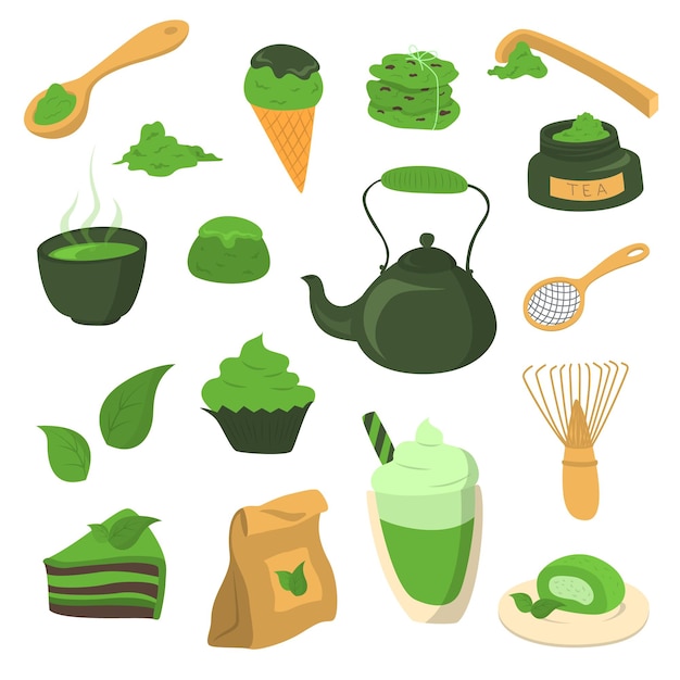 Plik wektorowy kolor kreskówek produkty zielonej herbaty wektor zestawu ikon