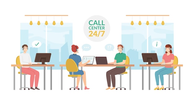 Kolor postaci kreskówek Ludzie i zespół call center Koncepcja Wektor