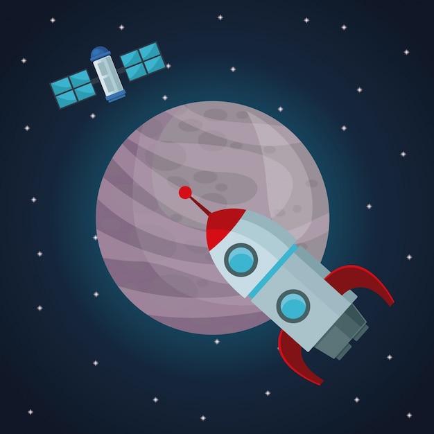 kolor tła krajobraz z satelity i rakiety z widokiem na planetę