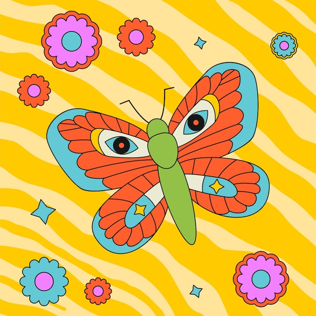 Kolorowa fajna ilustracja z motylimi stokrotkami i gwiazdami Funky zarysowana łatka