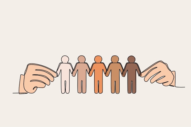 Kolorowa ilustracja dużej ręki trzymającej grupę ludzi Światowa populacja oneline rysunek