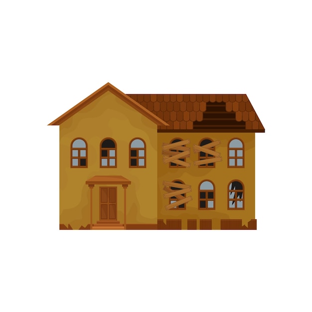 Plik wektorowy kolorowa ilustracja dwupiętrowego domu z połamanym dachem i zabitymi deskami oknami stary opuszczony budynek motyw architektury kreskówka wektor ikona w płaski na białym tle