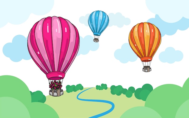 Kolorowa Ilustracja Kreskówka Balonów Na Ogrzane Powietrze Nad Krajobrazem