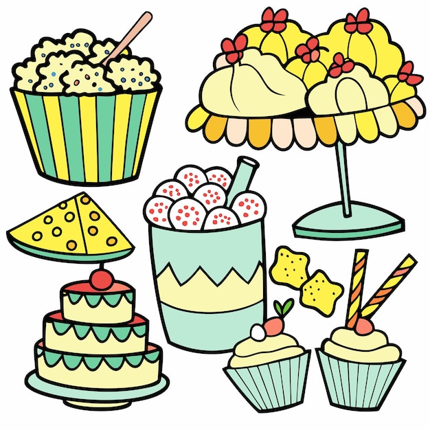 Kolorowa ilustracja kreskówkowa z różnorodnymi słodyczami, w tym ciastkami, popcornem i cukierkami