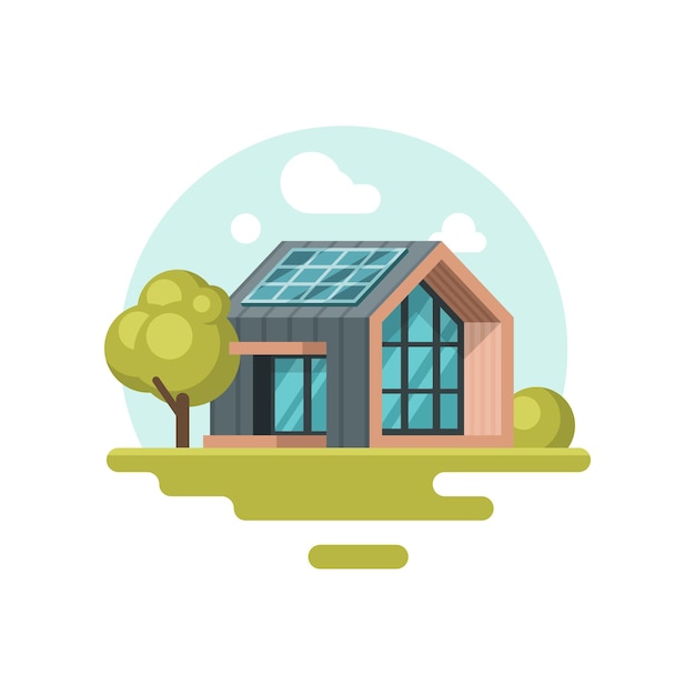 Kolorowa ilustracja nowoczesnego, ekologicznego domu z panelem słonecznym na dachu Energia odnawialna Budynek mieszkalny Go green Kreskówka wektor projekt Ikona w płaski na białym tle