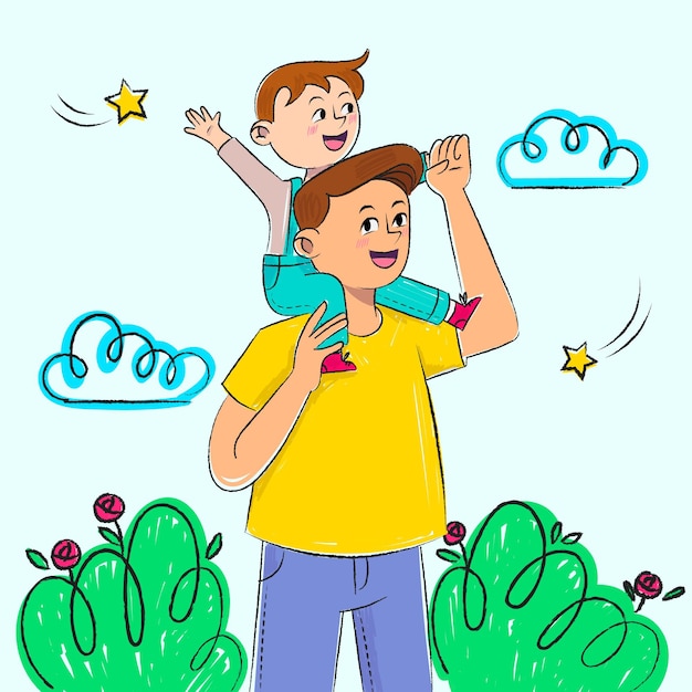 Kolorowa ilustracja ojca i syna spacerujących po parku