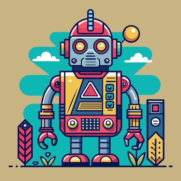 kolorowa ilustracja robota z niebieskim niebem i chmurami na tle