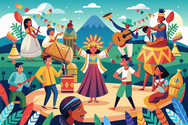 Plik wektorowy kolorowa ilustracja tętniącego życiem festiwalu na świeżym powietrzu z różnorodnymi ludźmi tańczącymi, grającymi na instrumentach muzycznych i cieszącymi się różnymi działaniami kulturalnymi