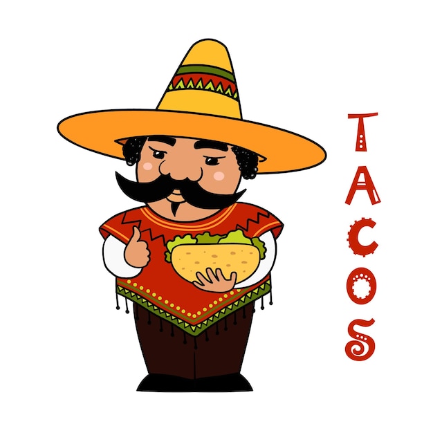 Plik wektorowy kolorowa ilustracja z meksykańskim mężczyzną z tacos kuchnia meksykańska i jedzenie łacińskie