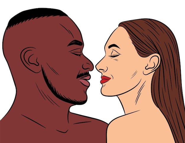 Kolorowa Ilustracja Zakochanej Pary Na Białym Tle Interracial Family Facet Afroamerykanin I Biała Europejka Patrzą Na Siebie Portrety Ludzi W Profilu