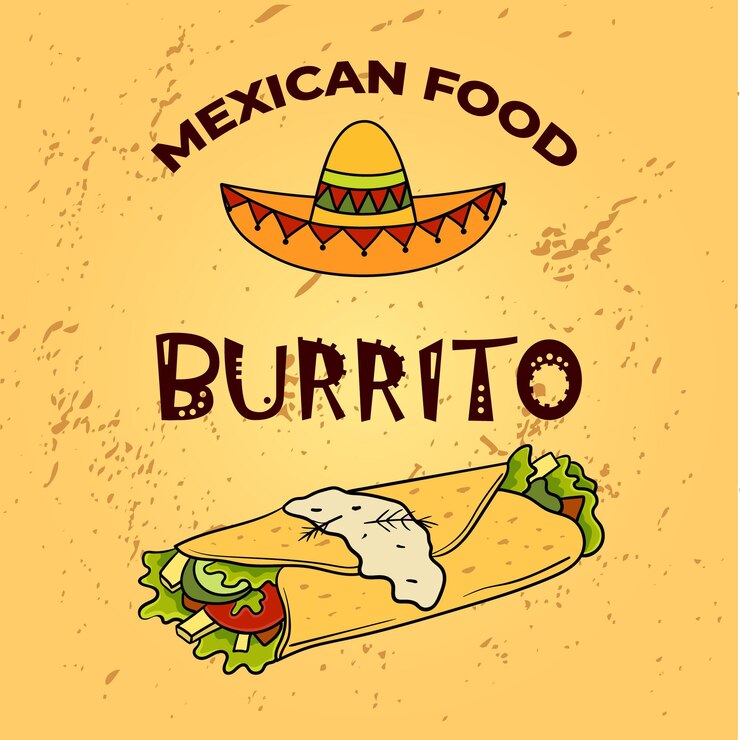Wektor kolorowa karta plakatowa lub zaproszenie z meksykańską kuchnią burrito i łacińskim jedzeniem