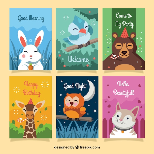 Kolorowa Kolekcja Kart Ze Szczęśliwymi Zwierzętami