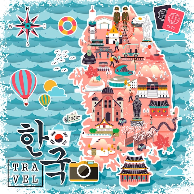 Kolorowa Mapa Podróży Korei Południowej - Korea W Koreańskich Słowach W Lewym Dolnym Rogu