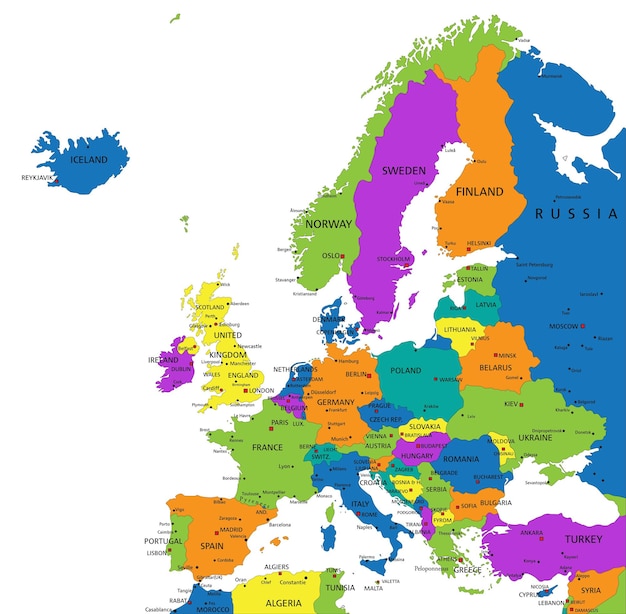 Plik wektorowy kolorowa mapa polityczna europy z wyraźnie oznaczonymi oddzielonymi warstwami ilustracji wektorowych