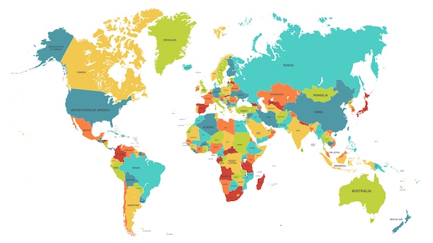 Kolorowa mapa świata. Ilustracja mapy polityczne, kolorowe kraje świata i nazwy krajów