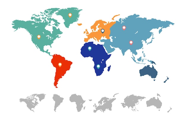 Kolorowa mapa świata pokazująca kontynenty z przyciskami lokalizacyjnymi podkreślającymi globalne połączenia i zapewniającymi wizualną reprezentację różnych regionów