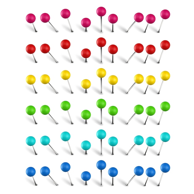 Kolorowa pinezka, flaga i pinezka. Realistyczny zestaw pinezek lokalizacji koloru. Artykuły papiernicze. Plastikowe dokumenty i akcesoria do szycia. Pinezka okrągła, ilustracja plastikowa pinezka