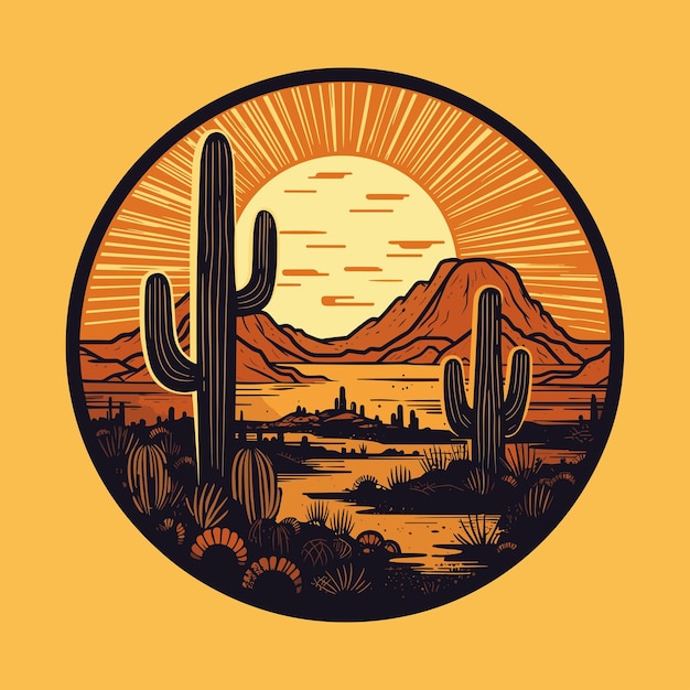 Plik wektorowy kolorowa, płaska, prosta ilustracja z pustynnym krajobrazem kaktusów i gór wektorem na żółto
