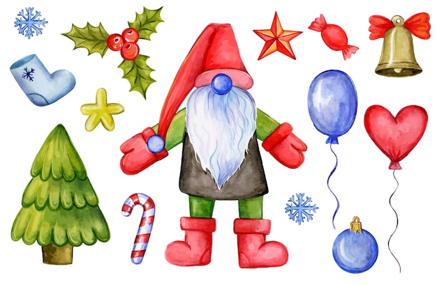 Kolorowa, ręcznie rysowana ilustracja świętego mikołaja i różne tradycyjne ozdoby świąteczne i to...