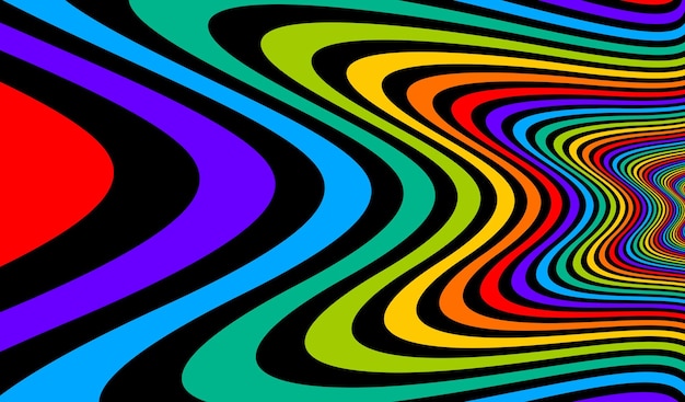 Kolorowa tęcza abstrakcyjne linie wektorowe ilustracja psychodeliczna złudzenie optyczne, surrealistyczne krzywe liniowe op-art w perspektywie hiper 3D, szalony zniekształcony projekt, delirium halucynacji narkotykowych,