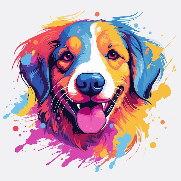 Kolorowa twarz psa na białym tle z rozpryskiem farby