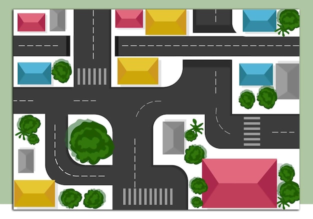 Plik wektorowy kolorowa ulica miejska z samochodami i budynkiem z zielonym drzewem na szczycie