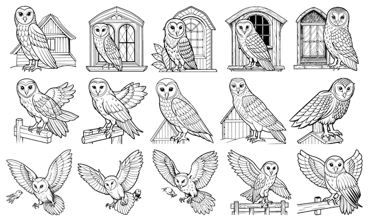 Wektor kolorowanie sowy dla małych dzieci line art dla dorosłych izolowane na białym stodołach idealne dla wczesnych uczniów