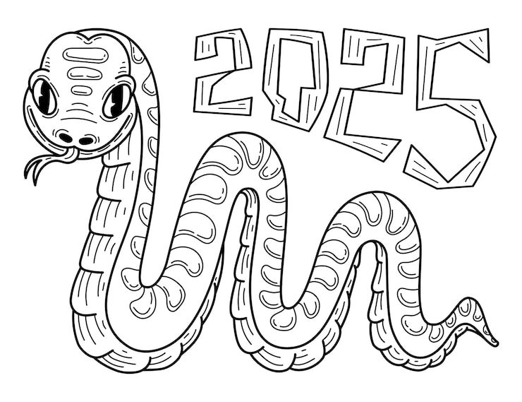Wektor kolorowanie strona nowy rok 2025 wąż ręcznie narysowany szkic ilustracja