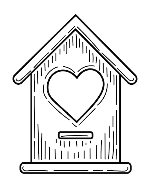 Plik wektorowy kolorowanie strony domek dla ptaków z rysunkiem serca ręcznie narysowana ilustracja wektorowa