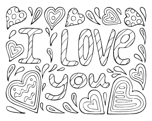 Kolorowanie Strony Kocham Cię Walentynki Serca Ręcznie Narysowane Romantyczne Ilustracje Dla Dzieci Dorosłych.