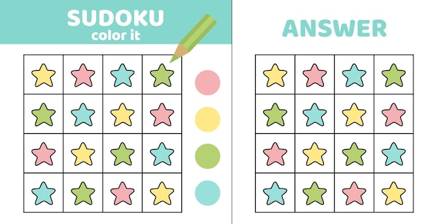 Kolorowanie sudoku gwiazda Sudoku z czterema kolorowymi gwiazdami Gra dla dzieci Karikatura wektorowa eps 10