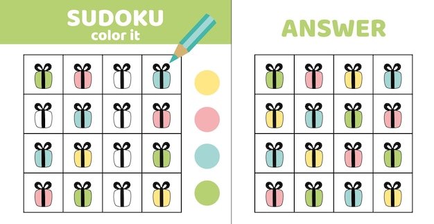 Kolorowanie sudoku Pudełka podarunkowe prezentują Sudoku z czterema prezentami Gra dla dzieci Cartoon vector eps 10