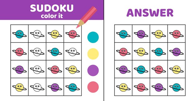 Kolorowanie sudoku z Saturnem Sudoku Saturn Gra dla dzieci Wektor kreskówki eps 10