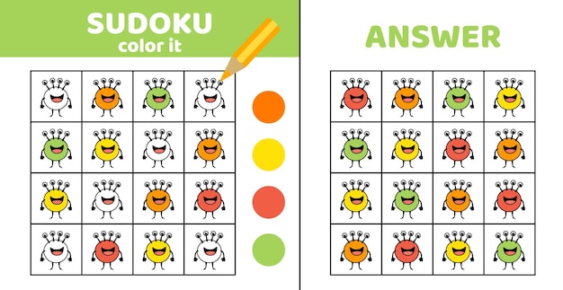 Kolorowanie sudoku z zabawnymi obcymi Sudoku Monster Game dla dzieci Cartoon vector eps 10