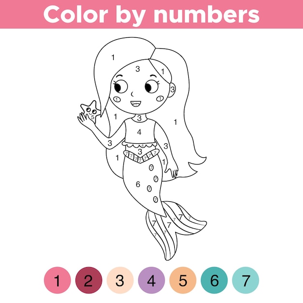 Plik wektorowy kolorowanie według numerów syrenka kreskówka i rozgwiazdy