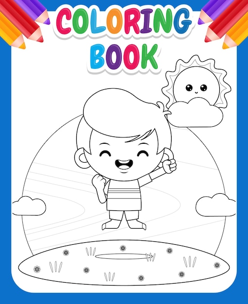 Plik wektorowy kolorowanka dla dzieci cute boy happy jump