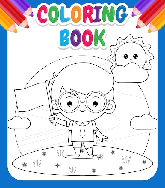 Plik wektorowy kolorowanka dla dzieci happy student boy gospodarstwa mini flaga