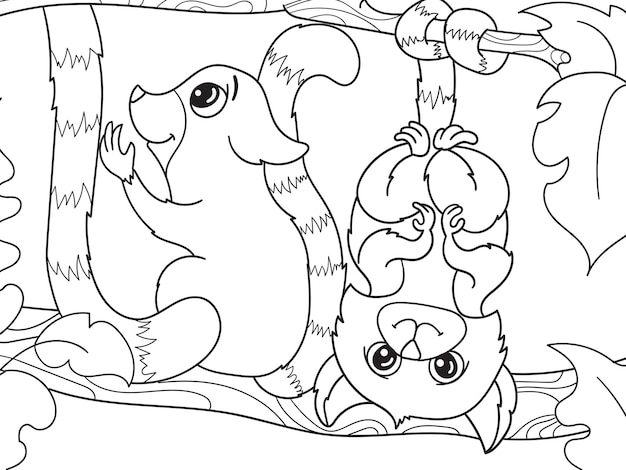 Plik wektorowy kolorowanka dla dzieci kreskówka rodzina lemurów na przyrodzie