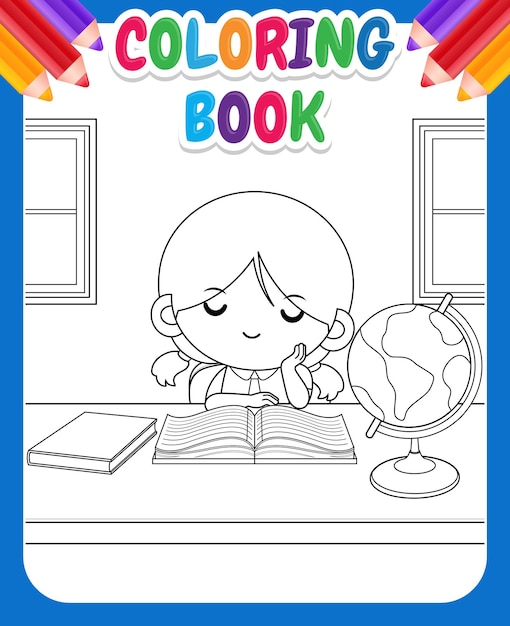 Plik wektorowy kolorowanka dla dzieci śliczna dziewczyna czytająca książkę i myśląca