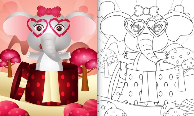 Kolorowanka Dla Dzieci Ze Słodkim Słoniem W Pudełku Prezentowym O Tematyce Walentynkowej