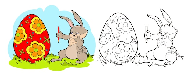 Plik wektorowy kolorowanka easter bunny artysta zaznacza rysunek na jajku ołówkiem vector