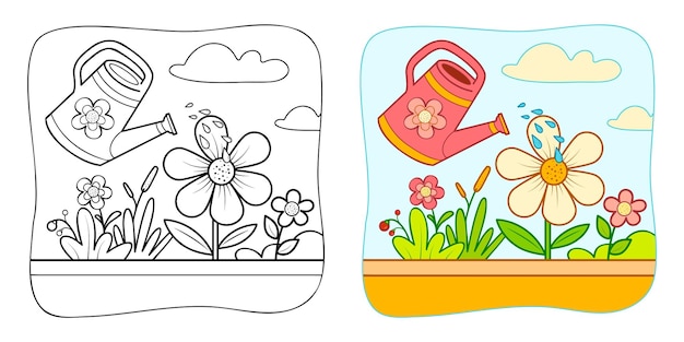 Kolorowanka lub strona do kolorowania dla dzieci Kwiaty i konewka wektor clipart Tło natura