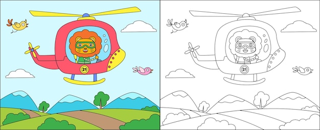 Kolorowanka Lub Strona Kreskówka Lew Prowadzący Samolot