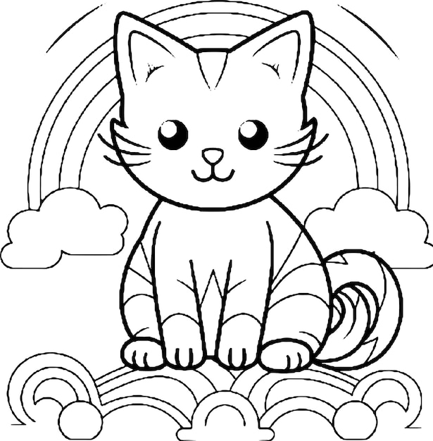 Plik wektorowy kolorowanka słodki kot z tęczą i chmurami