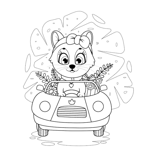 Plik wektorowy kolorowanka słodki kotek w samochodzie z kwiatami i prezentem