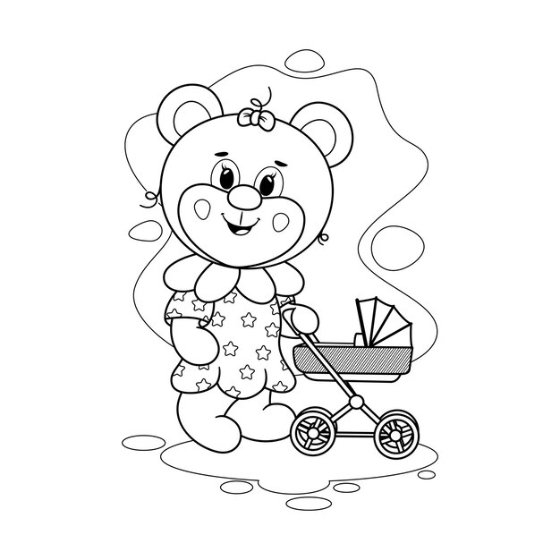 Kolorowanka Śmiejący się radosny miś z kokardą w sukience i wózku dziecięcym Ilustracja wektora