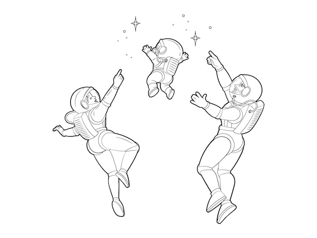 Plik wektorowy kolorowanka szczęśliwa rodzina astronautów mama tata syn wskaż palcem konstelacje podczas unoszenia się w przestrzeni wektor czarno-biały ilustracja kontur kreskówka na białym tle