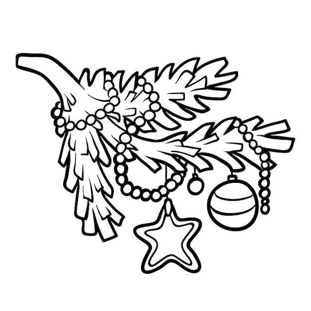 Plik wektorowy kolorowanka udekorowana gałąź choinki
