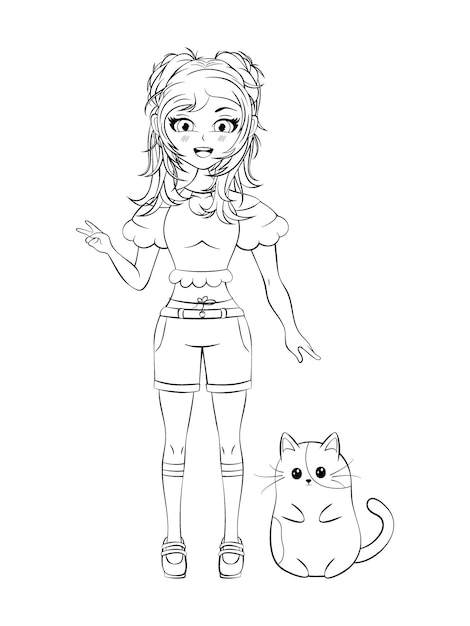 Kolorowanka Urocza dziewczyna anime z zabawnym kotkiem