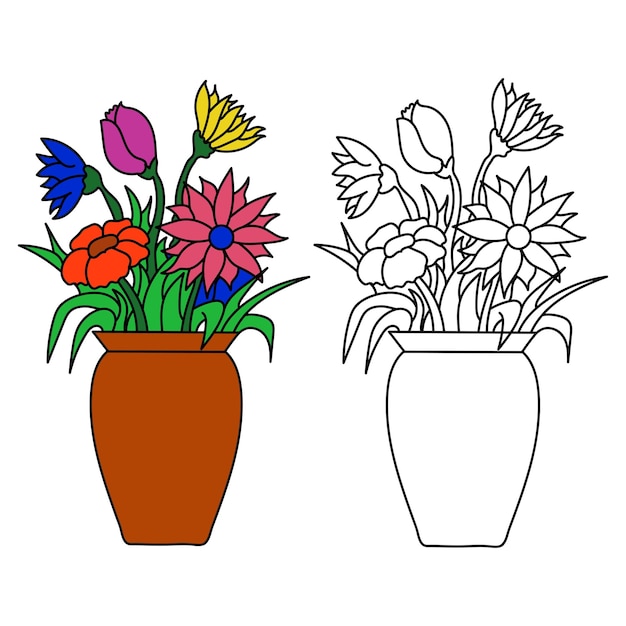 Plik wektorowy kolorowanka wektor bukiet kwiatów w wazonie dla dzieci